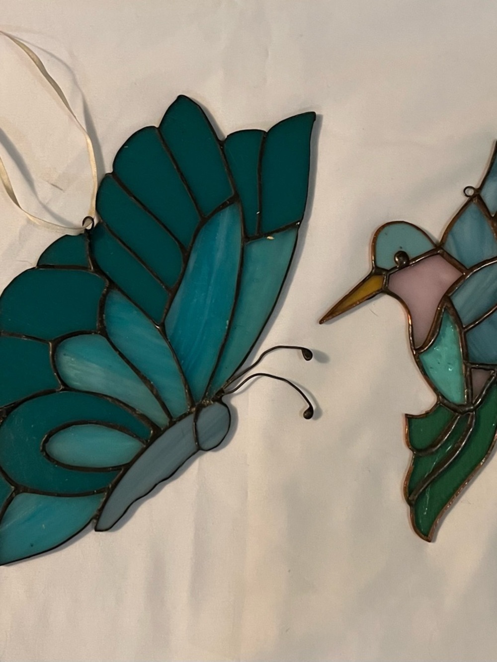 Vintage Pair Hand Crafted 10” Butterfly & 6.5” Grand Hummingbird Stained Glass